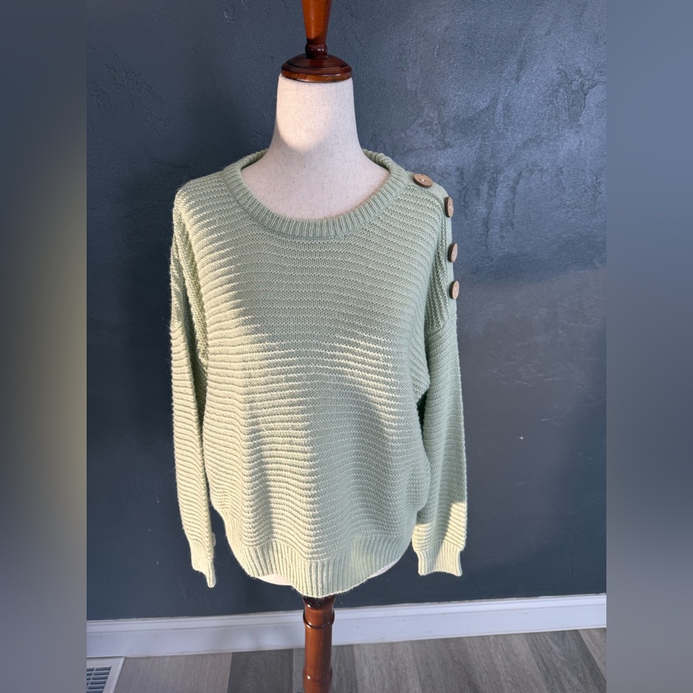 Poof! Sage Green Crewneck Sweater with Shoulder Buttons